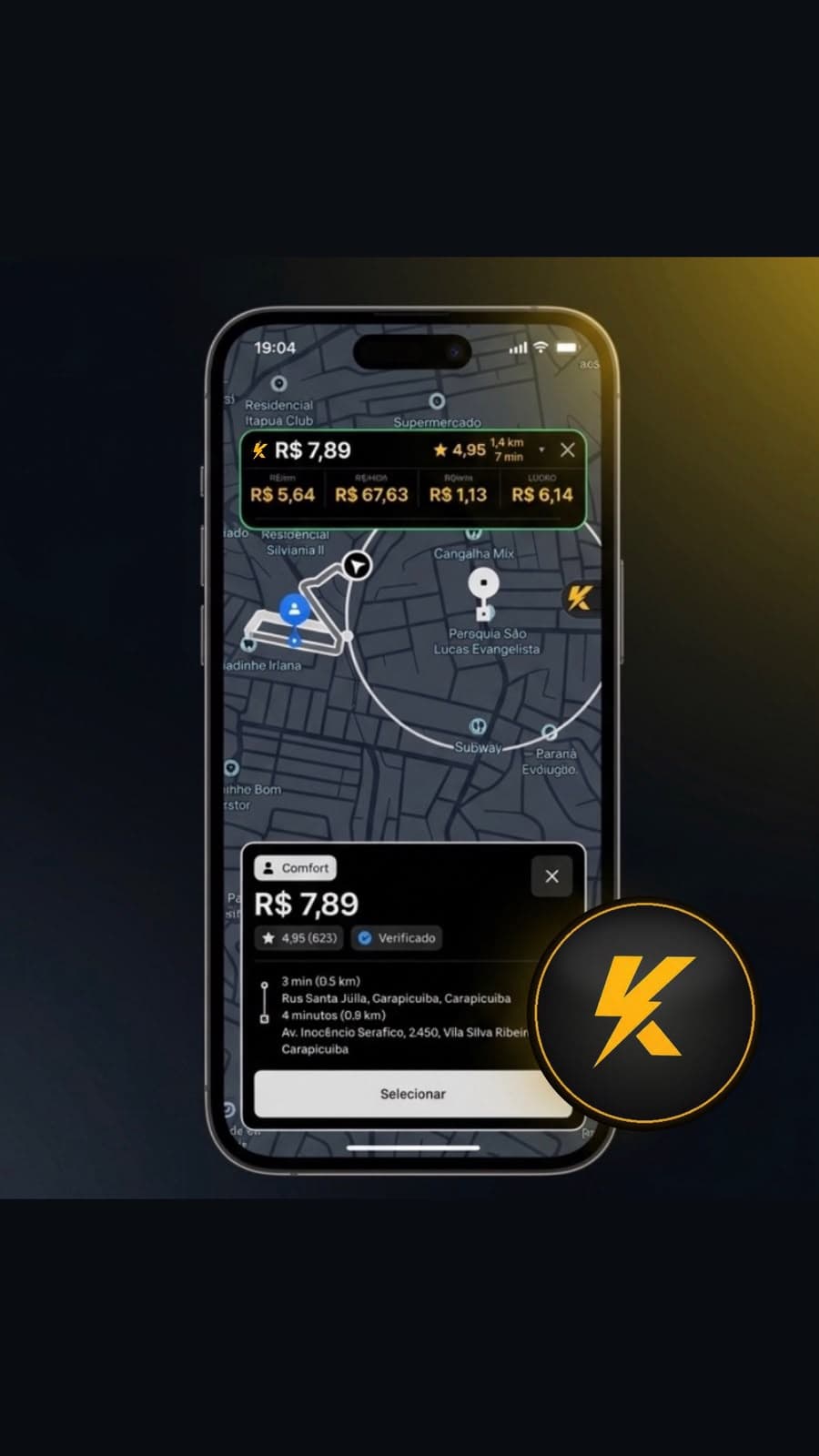 Overlay do Kivup mostrando o valor, distância e lucro estimado de uma oferta de corrida antes de aceitar